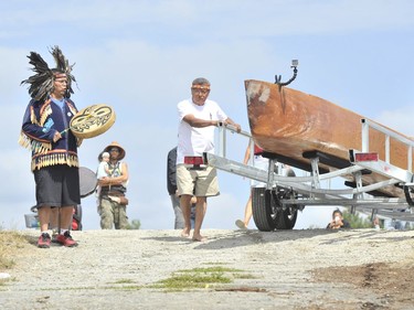 Musqueam Indian Band members gathered for a ceremony on Aug. 6. to launch a journey canoe carved from a 350-year-old cedar log.