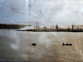 The left-hand side of H.T. Devine's panoramic photo of the Vancouver waterfront in May 1886, showing the Hastings Mill.