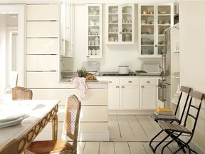 White continues to be incredibly popular, for fall, says Benjamin Moore colour consultant Sharon Grech, but it's creamier in colour (such as their Ballet White) and looks great set against white white, as seen in this kitchen.