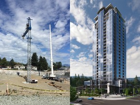 Abotsford-based Quantum Properties is putting up a 26-storey mixed-use tower. Left, the site as construction begins. Right, conceptual image of the finished building.