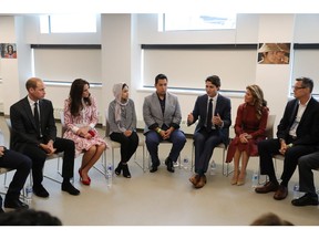 VANCOUVER, BC - SEPTEMBER 25:  Catherine, Duchess of Cambridge and Prince William, Duke of Cambridge join Canadian Prime Minister Justin Trudeau and wife Sophie Trudeau in the Vancity room to meet members of TechStart and MY Circle youth during their visit to the Immigrant Services Society of British Columbia New Welcome Centre  in during their Royal Tour of Canada on September 25, 2016 in Vancouver, Canada.