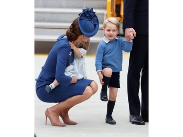 Catherine, Duchess of Cambridge, Princess Charlotte of Cambridge aand Prince George rrive at the Victoria Airport on September 24, 2016 in Victoria, Canada. Prince William, Duke of Cambridge, Catherine, Duchess of Cambridge, Prince George and Princess Charlotte are visiting Canada as part of an eight day visit to the country taking in areas such as Bella Bella, Whitehorse and Kelowna