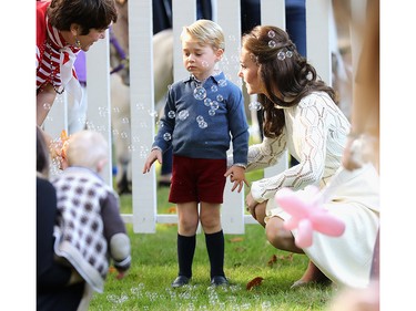 Catherine, Duchess of Cambridge and Prince George of Cambridge at a children's party for Military families during the Royal Tour of Canada on September 29, 2016 in Victoria, Canada.