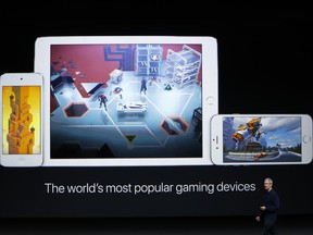 Apple CEO Tim Cook speaks on stage during a launch event on September 7, 2016 in San Francisco, California. Apple Inc. is expected to unveil latest iterations of its smart phone, forecasted to be the iPhone 7. The tech giant is also rumored to be planning to announce an update to its Apple Watch wearable device.