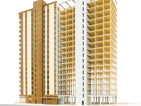 Architectural renderings of Brock Commons, an 18-storey, mass-timber student residence building being constructed at the University of B.C. At 53-metres tall, it will be among the world's tallest buildings to use engineered-wood components such as glulam pillars and cross-laminated panels to stand in for steel and concrete.