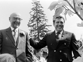 W.J. VanDusen (left), the 85-year-old forestry executive after whom the garden was named because of a $1-million donation, and then-premier Dave Barrett at the opening of the VanDusen Botanical Garden in Vancouver on Aug. 30, 1975.