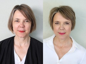 Bettina Kommass, a 55-year-old minister visiting Vancouver from Germany who wanted to refresh her look for her 33rd wedding anniversary, before (left) and after she received a makeover from Nadia Albano.
