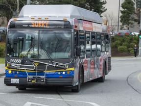 One of Translink's Coast Mountain busses pulls in Lougheed Station in Burnaby, B.C. Thursday March 12, 2015.