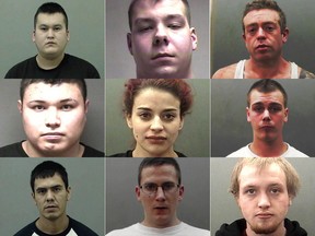 CFSEU says arrest warrants are out for some of the 32 people charged in drug-related offences. In this handout photo are (L-R) Preston Norris, Curtis Britz, Paul Grosso,Lashway Merritt, Alena Wallace, Danick Leger, Arin Charleyboy, Jamie Cormier and Jerron Kraushar.
