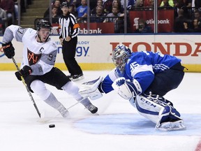 North America's Connor McDavid storms in on Finland goalie Pekka Rinne during their World Cup of Hockey game on Sunday in Toronto. The speedy North Americans, comprising players under 24 years of age, have generated a refreshing, entertaining style of play right out of the gate.