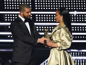 Drake presents the Michael Jackson Video Vanguard Award to Rihanna at the MTV Video Music Awards at Madison Square Garden in New York.