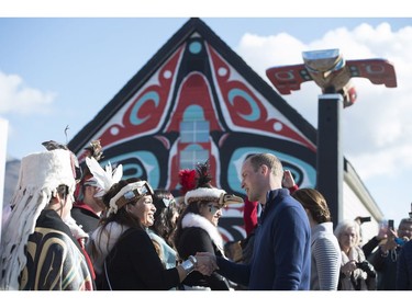 Prince William and his wife Kate, the Duke and Duchess of Cambridge greet residents during a welcoming ceremony in Carcross, Yukon, Wednesday, Sept. 28, 2016.