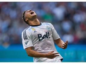 Vancouver Whitecaps' Erik Hurtado reacts after missing a scoring chance against the New York Red Bulls during first half MLS soccer action in Vancouver, Saturday, September 3, 2016.