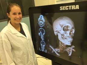 First-year medical student Alison Wookey with the new Sectra 3D visualization screen in UBC's gross anatomy lab.