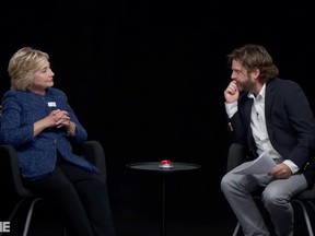 Comedian Zach Galifianakis poses a question to Hillary Clinton in a new segment of Between Two Ferns.