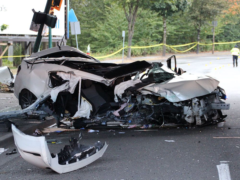 A white Toyota, reportedly likely travelling at an alarming speed, lost control and hit a pole at the entrance to Granville Island at about 4 a.m.