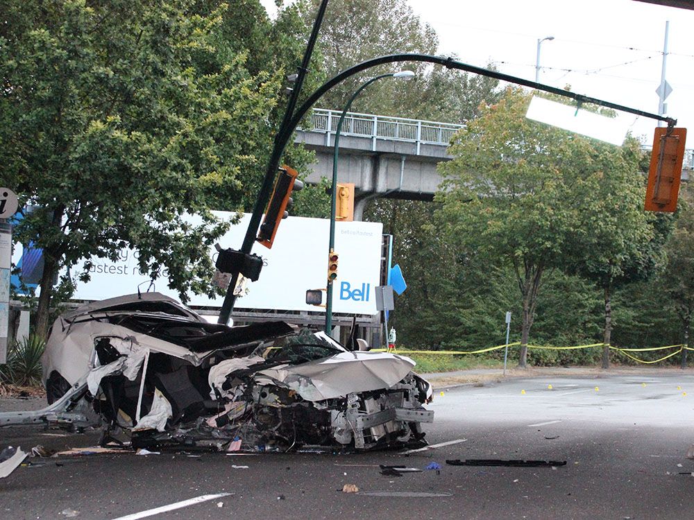 A white Toyota, reportedly likely travelling at an alarming speed, lost control and hit a pole at the entrance to Granville Island at about 4 a.m.