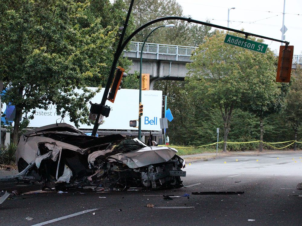 A white Toyota, reportedly likely travelling at an alarming speed, lost control and hit a pole at the entrance to Granville Island at about 4 a.m.