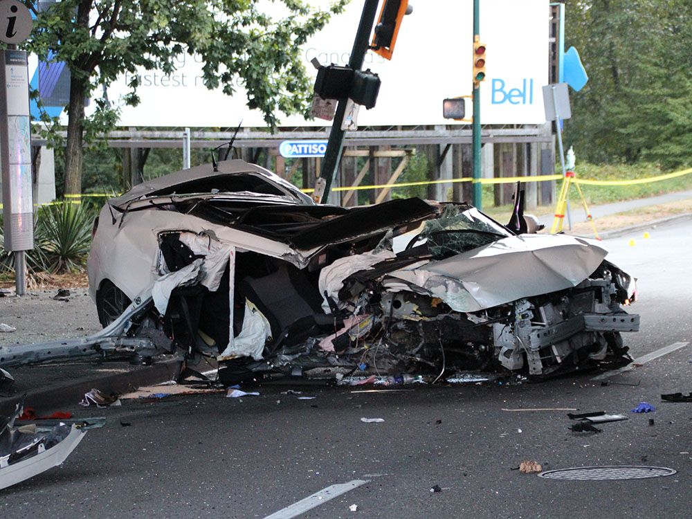 A white Toyota, reportedly likely travelling at an alarming speed, lost control and hit a pole at the entrance to Granville Island at about 4 a.m.