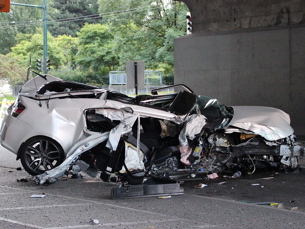 A white Toyota, reportedly likely travelling at an alarming speed, lost control and hit a pole at the entrance to Granville Island at about 4 a.m.