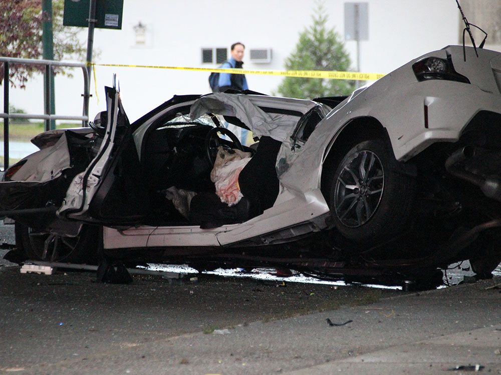 A white Toyota, reportedly likely travelling at an alarming speed, lost control and hit a pole at the entrance to Granville Island at about 4 a.m.