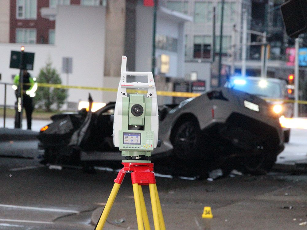 A white Toyota, reportedly likely travelling at an alarming speed, lost control and hit a pole at the entrance to Granville Island at about 4 a.m.