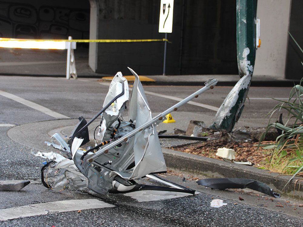 A white Toyota, reportedly likely travelling at an alarming speed, lost control and hit a pole at the entrance to Granville Island at about 4 a.m.