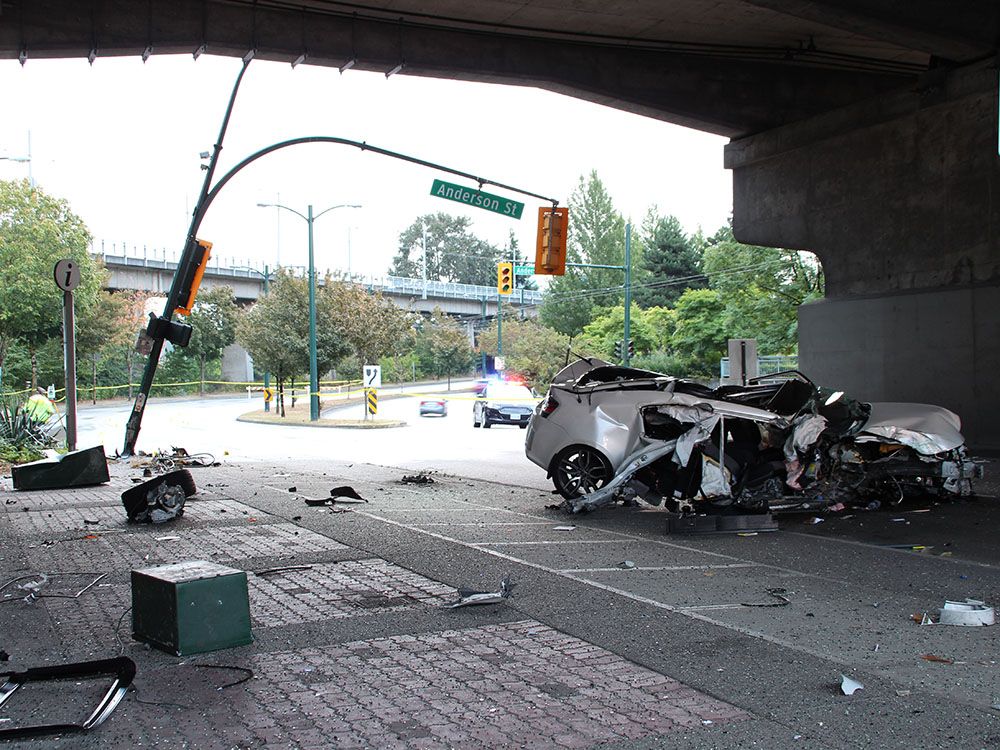 A white Toyota, reportedly likely travelling at an alarming speed, lost control and hit a pole at the entrance to Granville Island at about 4 a.m.