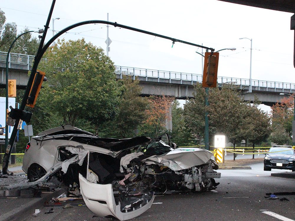 A white Toyota, reportedly likely travelling at an alarming speed, lost control and hit a pole at the entrance to Granville Island at about 4 a.m.