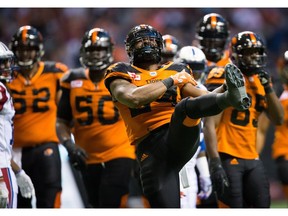 B.C. Lions' Jeremiah Johnson, centre, celebrates his touchdown against the Montreal Alouettes during the first half of a CFL football game in Vancouver, B.C., on Friday September 9, 2016.