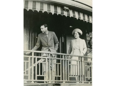 King George VI and Queen Elizabeth on the platform of their special train at Mt. Robson, B.C., on June 1, 1939.