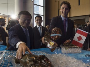 Alibaba Chairman Jack Ma (left) and Prime Minister Justin Trudeau check out Canadian East Coast lobsters during a visit to Alibaba headquarters in Hangzhou, China earlier this month.