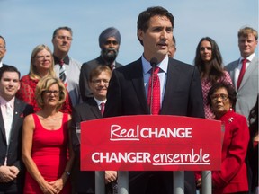 Justin Trudeau launches his party’s election campaign in Vancouver last summer, with his West Coast candidates arrayed behind him. Three from the North Shore (front row, left to right) Terry Beech, Pamela Goldsmith-Jones and Jonathan Wilkinson would be most at risk in the event of a decision in favour of the Kinder-Morgan pipeline expansion.