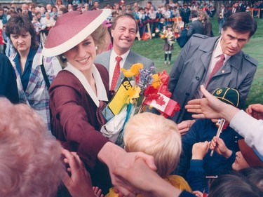 Princess Diana, accompanied by Premier Bill Bennett, greets crowds in Kelowna during a visit in 1986.