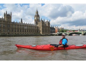 Mark Angelo, creator of the film RiverBlue, kayaks the Thames in London. — riverbluethemovie.com