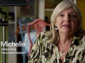Michele Hall (the ad spells her name wrong) in a new TV commercial for Airbnb that is ultimately aimed at Vancouver lawmakers.