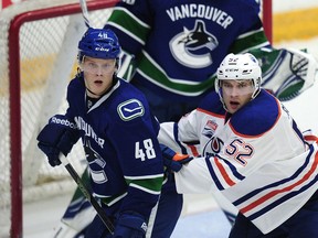 Vancouver Canucks' Olli Joulevi (48) in fron of the goal with  Edmonton Oilers' Patrick Russel (52) during second period 2016 NHL Young Stars Classic action at the South Okanagan Events Centre in Penticton, BC., September 16, 2016.