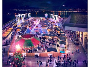 Photo credit: Jordan Kutev Architect August 2016: VANCOUVER, B.C. -- An artist's rendering of what the Vancouver Christmas Market will look like at its new home this year, Jack Poole Plaza around the Olympic cauldron. (Submitted photo: Jordan Kutev Architect Inc.) [PNG Merlin Archive] JORDAN KUTEV ARCHITECT / PNG