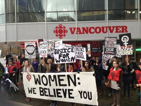 Women rally in front of the CBC building in Vancouver on March 23, 2016 to protest violence against women. [PNG Merlin Archive]