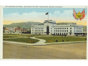 Postcard of the Canadian National and Union railway stations, Vancouver, BC.