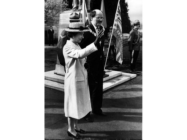 Queen Elizabeth II with Vancouver Mayor Mike Harcourt at Vancouver City Hall in March 1983 royal visit.