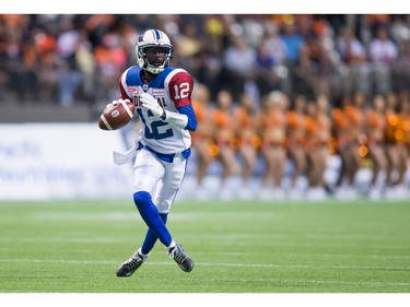 Montreal Alouettes quarterback Rakeem Cato looks for an open receiver during the first half of a CFL football game against the B.C. Lions in Vancouver, B.C., on Friday September 9, 2016.
