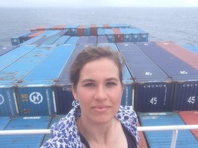 Rebecca Moss on board the Hanjin Geneva anchored about 24 km off the coast of Japan. Photo: Rebecca Moss