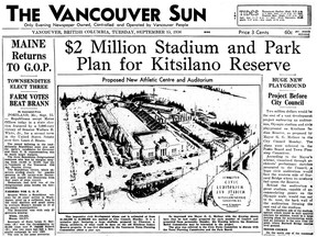 Sept. 15, 1936 front of the Vancouver Sun featuring a story on a proposed auditorium and stadium on the Kitsilano Reserve beside the Burrard Bridge. For a John Mackie story. [PNG Merlin Archive]