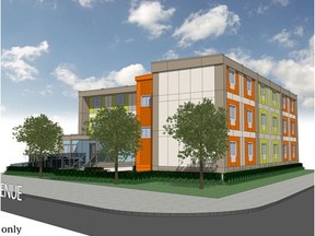 Artist drawings released by the city today illustrate Vancouver's first temporary modular housing project at 1500 Main Street,The Vancouver Affordable Housing Agency (VAHA) has selected Horizon North to complete the project. It will be completed in spring 2017. Submitted: City of Vancouver.  [PNG Merlin Archive]