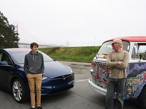 Sixteen-year-old Callum McCredie prefers the 21st Century wizardry of the Tesla Model X over the Sixties’ sentimentality of the VW bus his father Andrew favours.