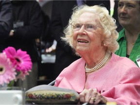 SFU entomologist Thelma Finlayson has died at 102 years. Here is Finlayson during her 100th birthday celebration in 2014.
