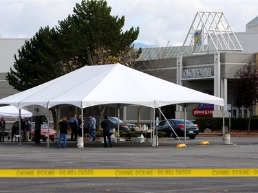 BURLINGTON, WA - SEPTEMBER 24: A large tent is set up for enforcement officials in the parking lot of the Cascade Mall on September 24, 2016 in Burlington, Washington. Five people were killed last night when a gunman opened fire in the shopping mall.