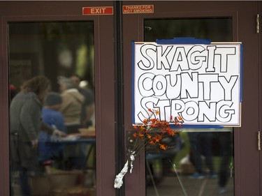 BURLINGTON, WA - SEPTEMBER 24:  A sign displaying community strength hangs on door near community gathering at Maiben Park on September 24, 2016 in Burlington, Washington. Five people were killed last night when a gunman opened fire in the Cascade Mall.