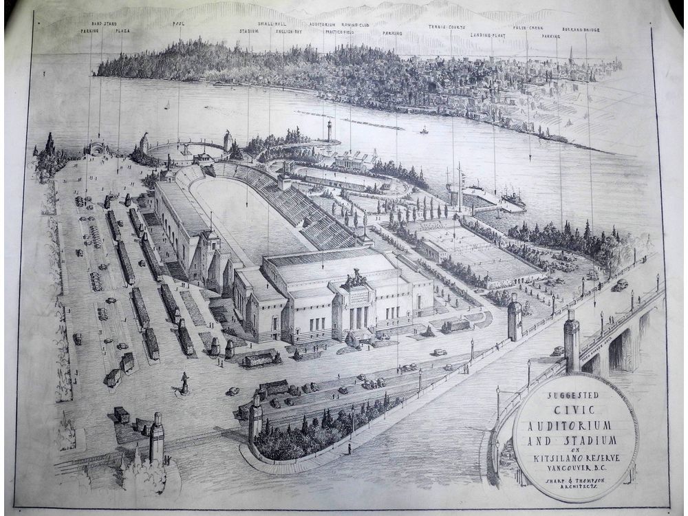 "Suggested Civic Auditorium and Stadium on Kitsilano Reserve" by Sharp and Thompson Architects, circa 1936. The various facets of the plan and site are listened on the top of the illustration, from left to right: parking, band stand, plaza, stadium, small hall, English Bay, auditorium, practice field, rowing club, tennis courts, landing float, False Creek, parking, Burrard Bridge. Copy photo of original architectural rendering, perhaps by Theo. Korner, whose name is written on the east side of the Burrard Bridge. Vancouver Archives AM 735, LOC 560-D. For a John Mackie story. [PNG Merlin Archive]